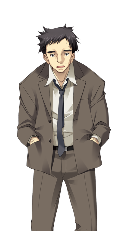 1boy, arm_hair, ban_yasuji, beard_stubble, belt, belt_buckle, black_belt, black_hair, black_necktie, brown_jacket, brown_pants, buckle, chaos;head, dress_shirt, dress_shirtl, facial_hair, game_cg, hands_in_pockets, jacket, male_focus, matsuo_yukihiro, messy_hair, necktie, non-web_source, official_art, oose_necktie, open_collar, open_mouth, pants, science_adventure, shirt, short_hair, solo, sprite, stubble, suit_jacket, surprised, transparent_background, white_shirt, wide-eyed