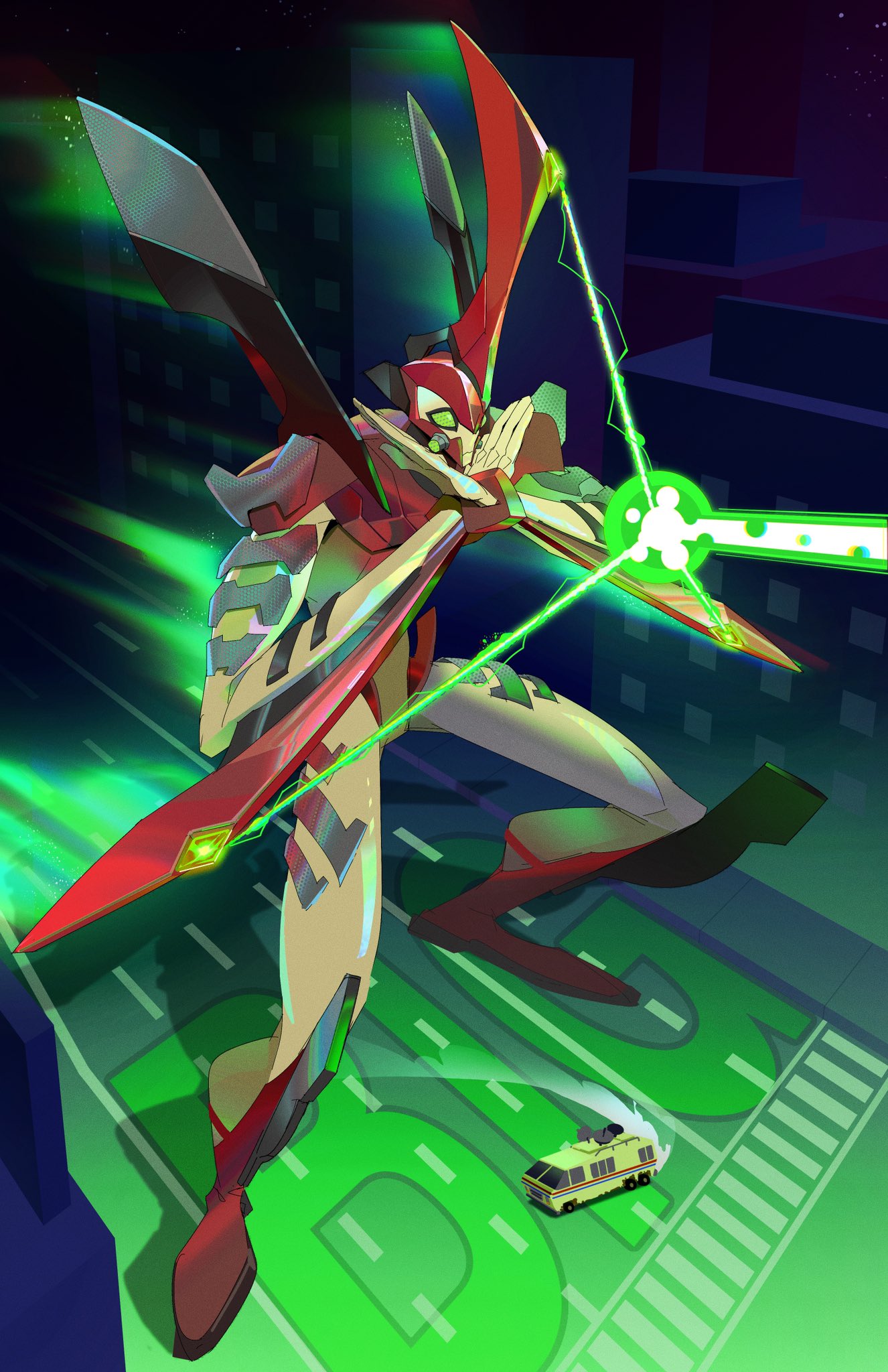 1boy, arm_blade, aura, ben_10, building, city, colored_skin, commentary, crosswalk, drifting, energy_ball, energy_beam, english_commentary, extra_eyes, full_body, giant, glowing, green_eyes, green_light, highres, horns, jzdraws, long_horns, male_focus, motor_vehicle, motorhome, multicolored_skin, night, outdoors, powering_up, recreational_vehicle, red_horns, red_skin, road, rustbucket_(ben_10), shoulder_spikes, single_horn, solo, spikes, squatting, standing, star_(sky), street, two-tone_skin, way_big, weapon, white_skin, x_arms