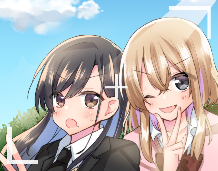 2girls, ;d, black_necktie, blue_sky, blue_streaks, brown_eyes, brown_hair, commentary_request