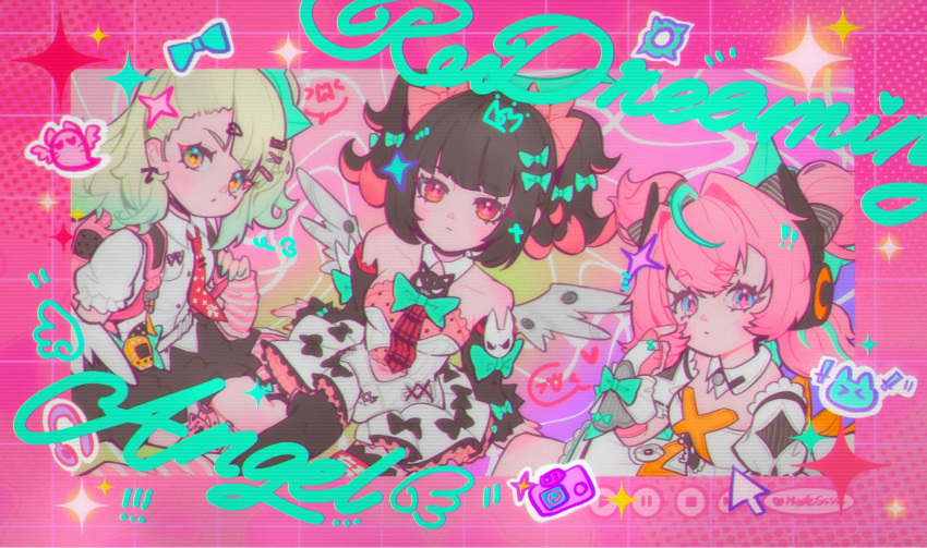 3girls, angels_of_delusion, aqua_streaks, aria_(zenless_zone_zero), arm_warmers, autis_tic, bare_shoulders, black_hair