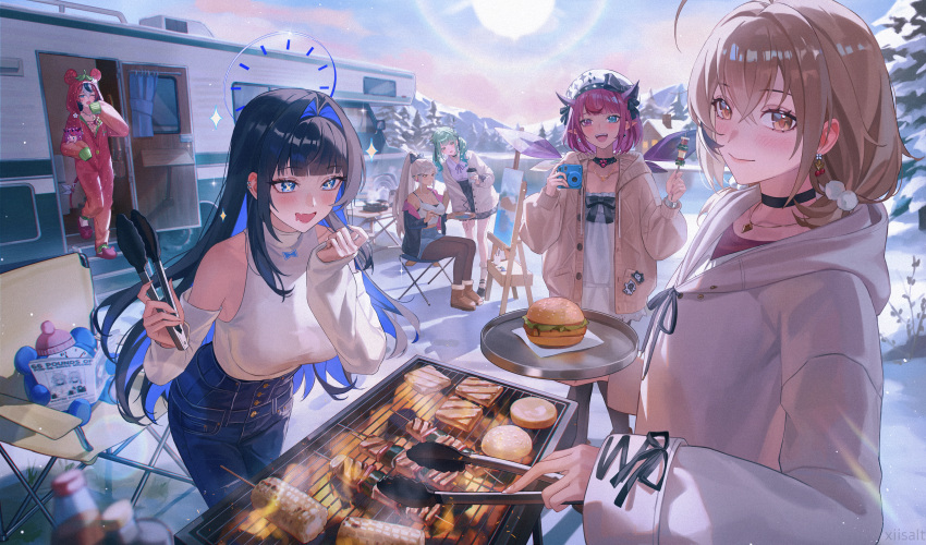 +_+, 6+girls, :d, absurdres, ahoge, animal_ears, antlers, beret