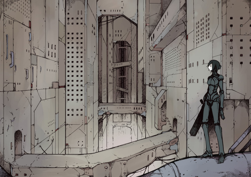 1girl, black_hair, blame!, building, commentary, dated_commentary, full_body, graviton_beam_emitter