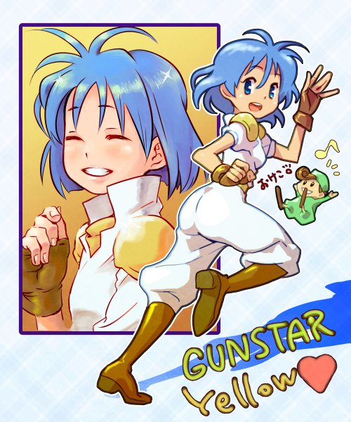1boy, 1girl, arm_up, armor, blue_eyes, blue_hair, boots, character_name