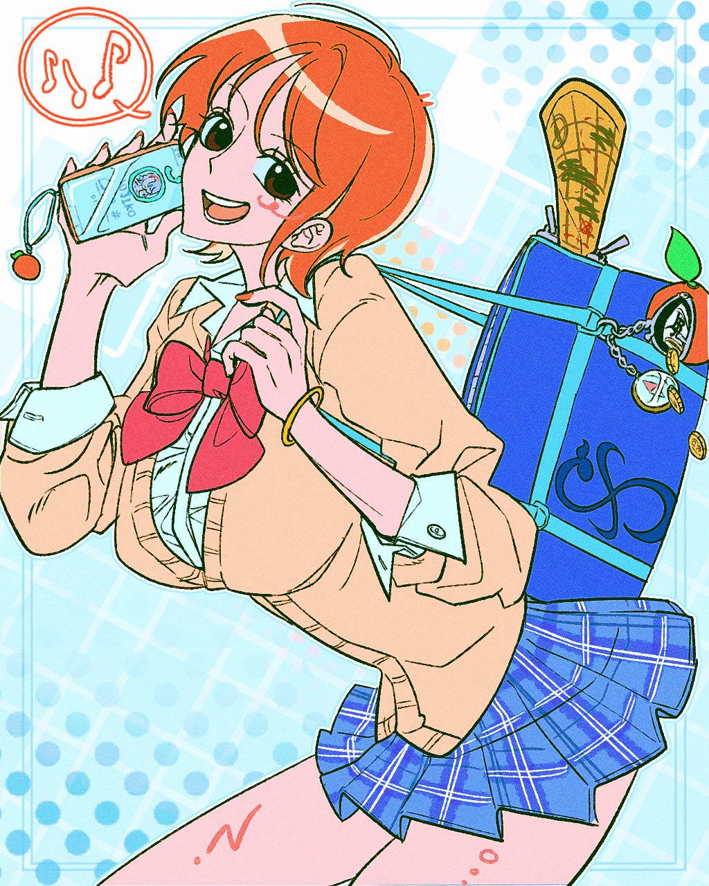 1girl, bag, blue_skirt, bow, bowtie, breasts, brown_eyes, cardigan, charm_(object), checkered_clothes, checkered_skirt, coin, commentary_request, compass, cowboy_shot, food, fruit, gold_coin, highres, holding, holding_phone, korean_commentary, large_breasts, light_blush, looking_at_viewer, loose_bowtie, mandarin_orange, map, miniskirt, musical_note, nami_(one_piece), nojiko_(one_piece), one_piece, open_mouth, orange_hair, p_tlnfinder, phone, pleated_skirt, red_bow, red_bowtie, school_bag, school_uniform, shirt, short_hair, shoulder_bag, skirt, solo, spoken_musical_note, white_shirt, wing_collar