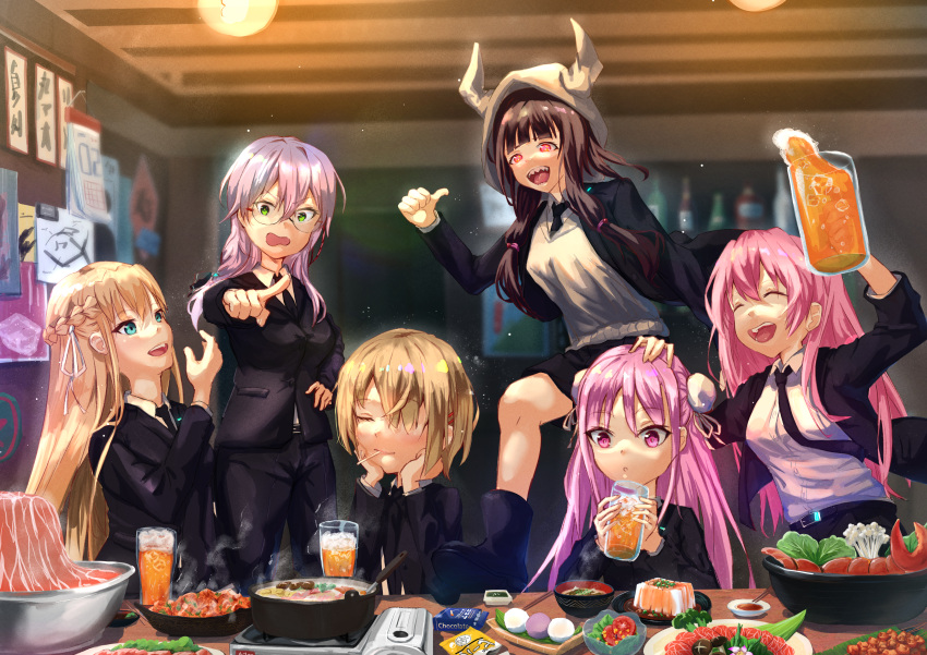 6+girls, absurdres, aikawa_megumi, asakura_karen_(heaven_burns_red), beer_mug, belt, black_hair, blonde_hair