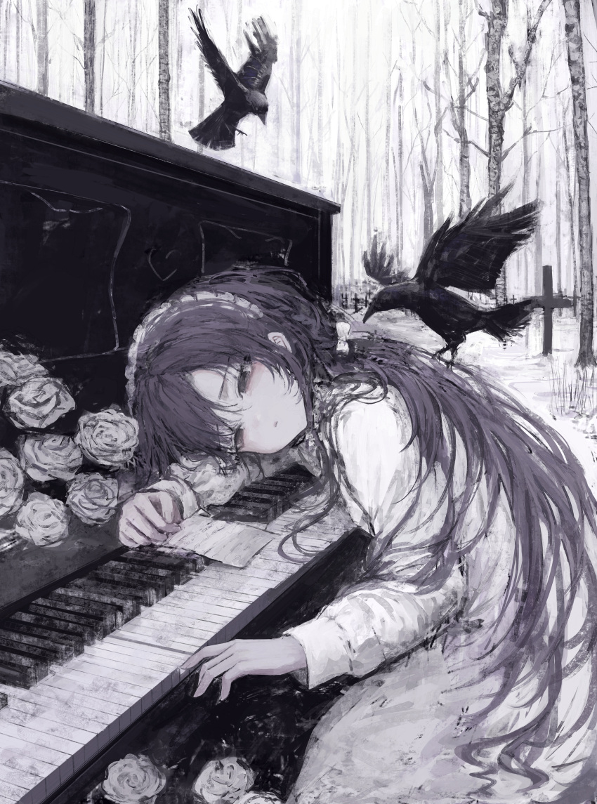 1girl, absurdres, animal, bare_tree, bent_over, bird, black_eyes, black_hair