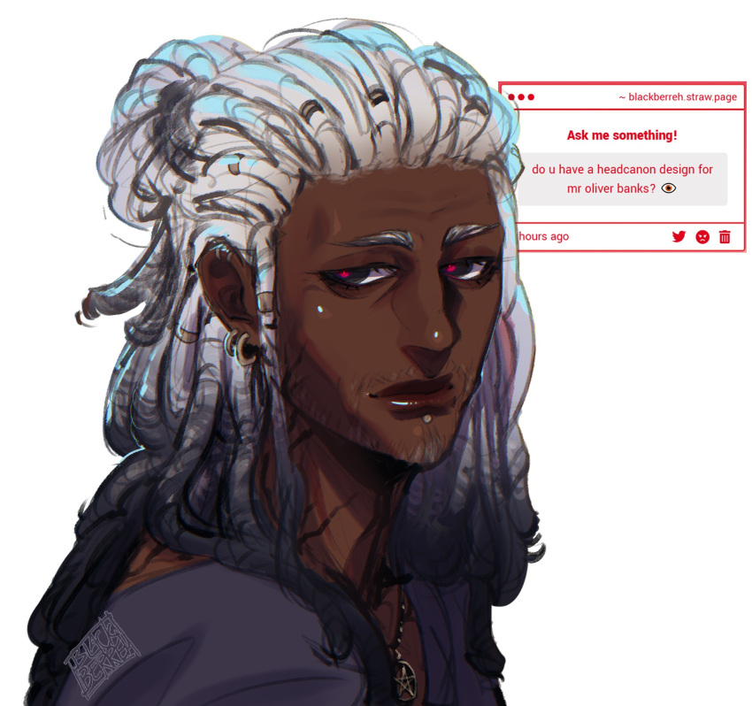 1boy, bags_under_eyes, beard, blackberreh-art, commentary, crow's_feet, dark-skinned_male, dark_skin, design_speculation, dreadlocks, earrings, english_commentary, face_piercing, facial_hair, fan_request, gradient_hair, hair_rings, half_updo, highres, jewelry, labret_piercing, lips, multicolored_hair, oliver_banks, piercing, red_pupils, request_inset, solo, strawpage, the_magnus_archives, very_dark_skin, white_hair