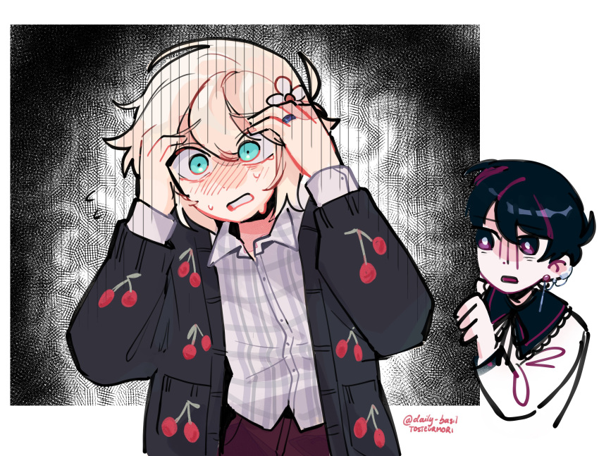 2boys, absurdres, alternate_costume, antenna_hair, artist_name, basil_(faraway)_(omori), basil_(omori), black_cardigan, black_eyes, black_hair, blonde_hair, blue_eyes, blush, brown_pants, cardigan, collared_shirt, commentary, double-parted_bangs, ear_piercing, english_commentary, flower, hair_between_eyes, hair_flower, hair_ornament, hands_on_own_head, highres, jewelry, long_sleeves, looking_at_another, male_focus, multicolored_hair, multiple_boys, omori, open_cardigan, open_clothes, open_mouth, pants, piercing, red_hair, ring, shirt, short_hair, streaked_hair, sunny_(omori), sweat, tosteurmori, two-tone_hair, white_shirt