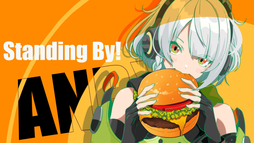 1girl, anby_demara, bare_shoulders, black_gloves, braid, burger, commentary_request, eating