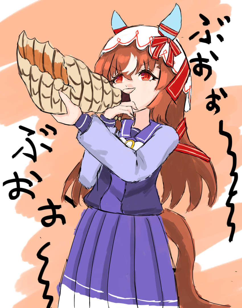 1girl, absurdres, animal_ears, blowing_horn, brown_hair, commentary_request, conch, cowboy_shot