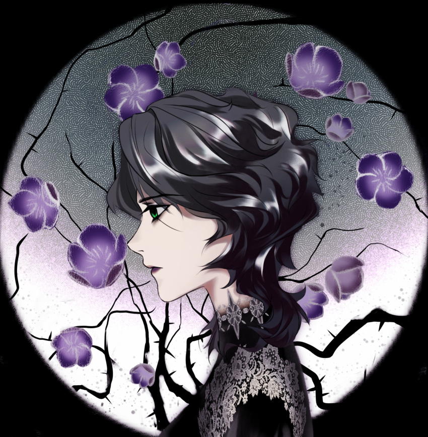 1boy, bags_under_eyes, black_border, black_hair, black_shirt, border, character_request, chinese_commentary, commentary_request, copyright_request, expressionless, floral_print, flower, gaiyonghunichengyicunzai404, green_eyes, grey_background, highres, lace_shirt, light_particles, male_focus, outside_border, print_shirt, purple_flower, round_border, shirt, short_hair, solo, thorns, upper_body, wavy_hair