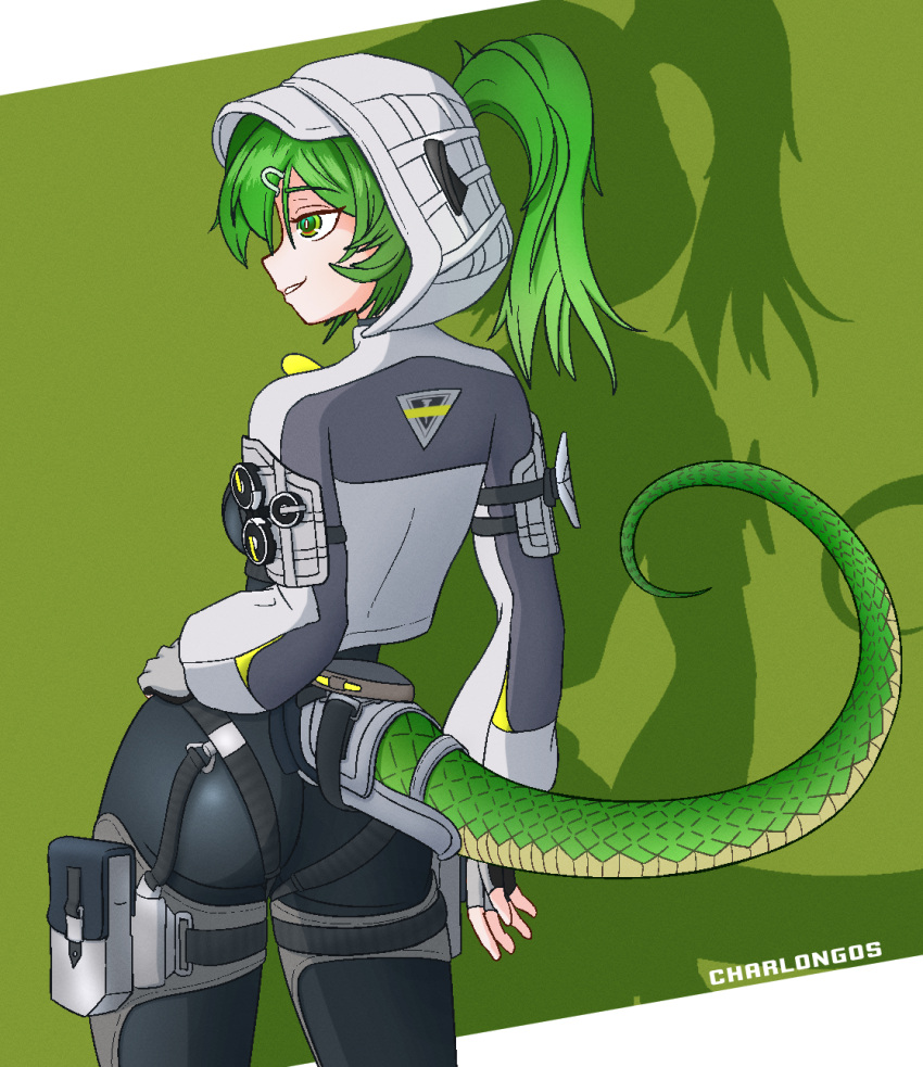 1girl, arknights, arknights:_endfield, ass, bodysuit, charlongos, commentary, english_commentary, fluorite_(arknights), green_eyes, green_hair, highres, signature, tail