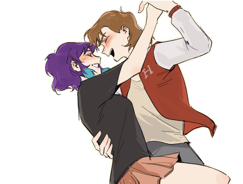 1boy, 1girl, black_shirt, blue_hair, blush, brown_hair, closed_eyes, commentary, dancing, dmitry_bratsky, elisa_douchnov, hand_on_another's_back, hetero, highres, holding_hands, implied_hetero, jacket, letterman_jacket, medium_hair, multicolored_hair, my_student_spirit, open_mouth, pink_skirt, pleated_skirt, purple_hair, red_jacket, shirt, short_hair, simple_background, skirt, smile, symbol-only_commentary, t-shirt, white_background, yy20251111