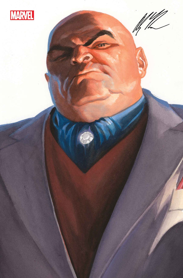 1boy, alex_ross, ascot, bald, blue_ascot, brown_eyes, comic_cover, company_name