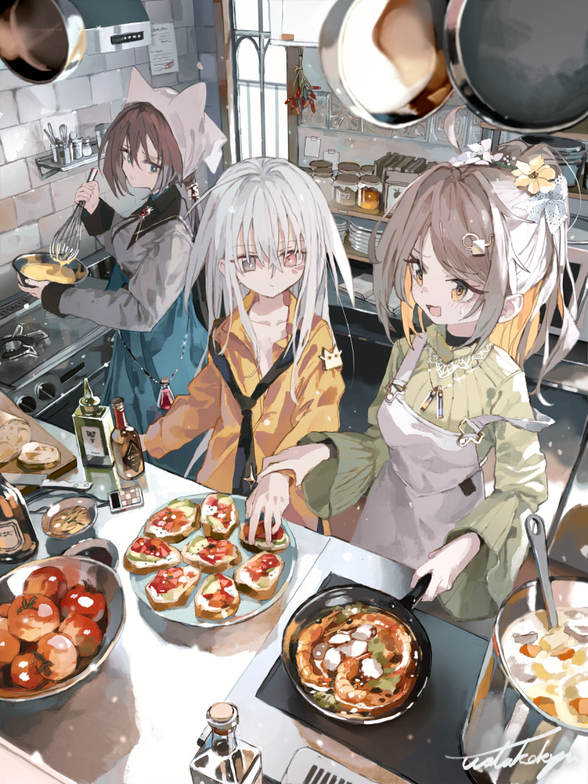 3girls, ahoge, apron, black_necktie, blue_eyes, brown_eyes, brown_hair, collared_shirt