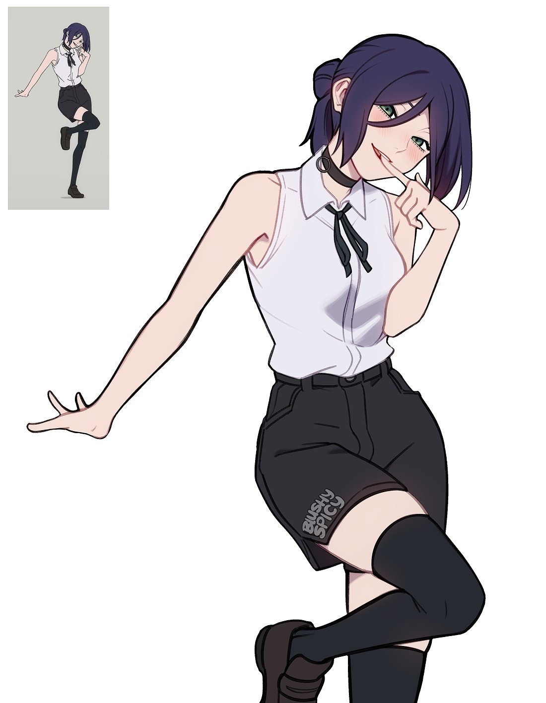 1girl, biting_own_finger, black_choker, black_hair, black_ribbon, black_shorts, blushyspicy, breasts