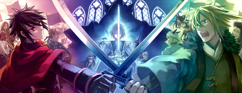 6+boys, animal_ears, armor, black_hair, cape, carmen_(pixiv_fantasia), celes_(pixiv_fantasia), closed_eyes