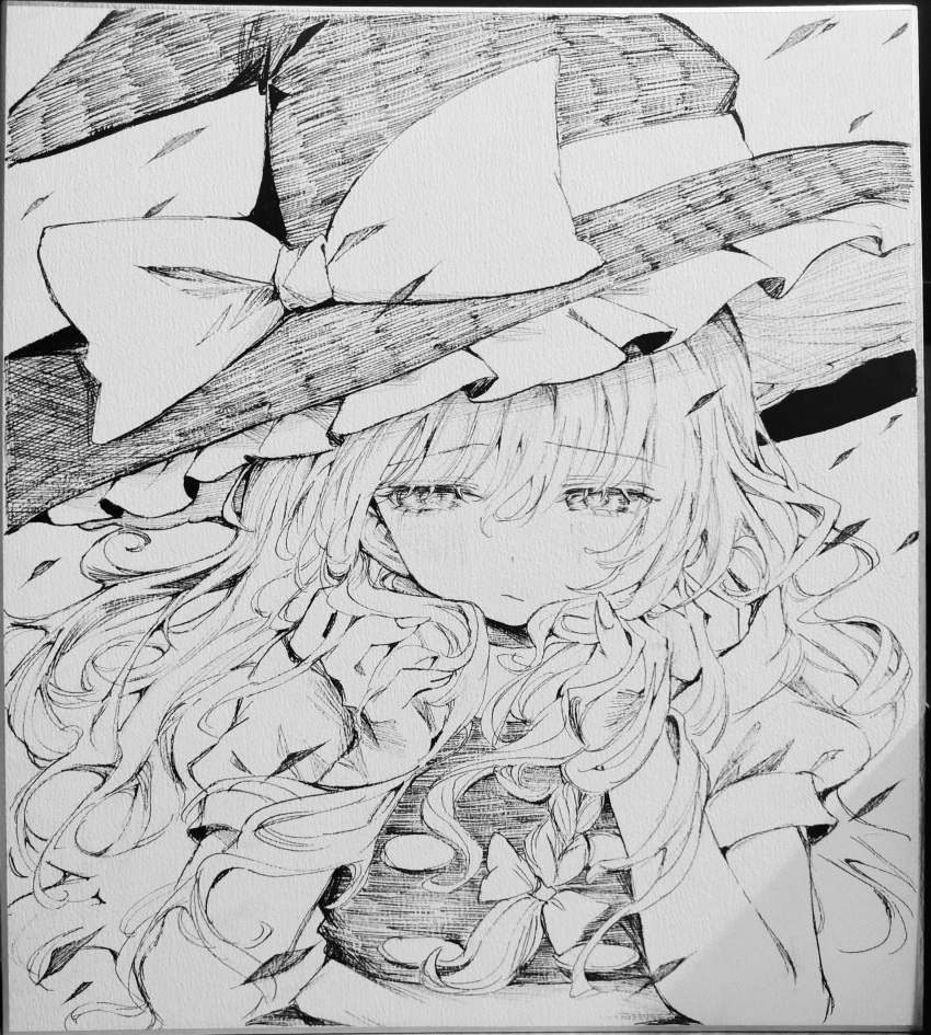 1girl, absurdres, averting_eyes, bow, braid, buttons, closed_mouth, commentary_request, double-breasted, frilled_hat, frills, greyscale, hair_between_eyes, hands_in_own_hair, hat, hat_bow, hat_ribbon, highres, kirisame_marisa, long_hair, mikan_(manmarumikan), monochrome, puffy_short_sleeves, puffy_sleeves, ribbon, shirt, short_sleeves, shy, side_braid, solo, touhou, traditional_media, upper_body, vest, wavy_hair, witch_hat
