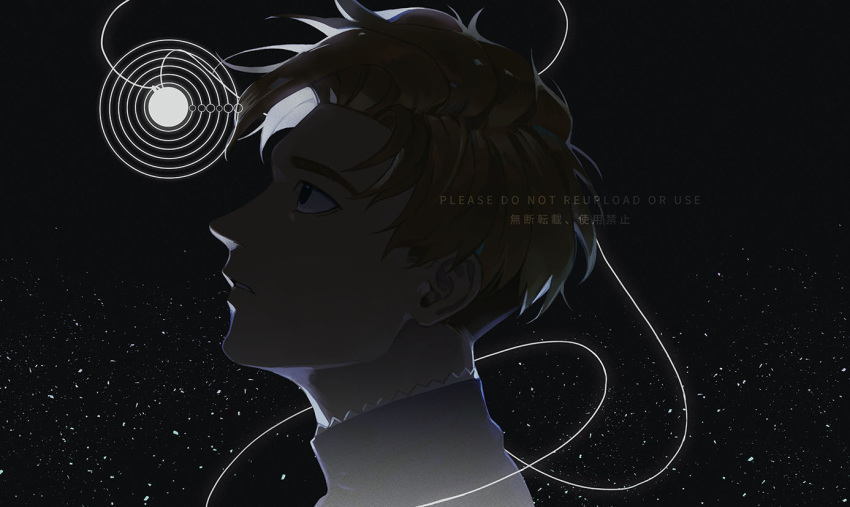 1boy, black_background, blonde_hair, blue_eyes, chi.:_chikyuu_no_undou_ni_tsuite, commentary, english_commentary, high_collar