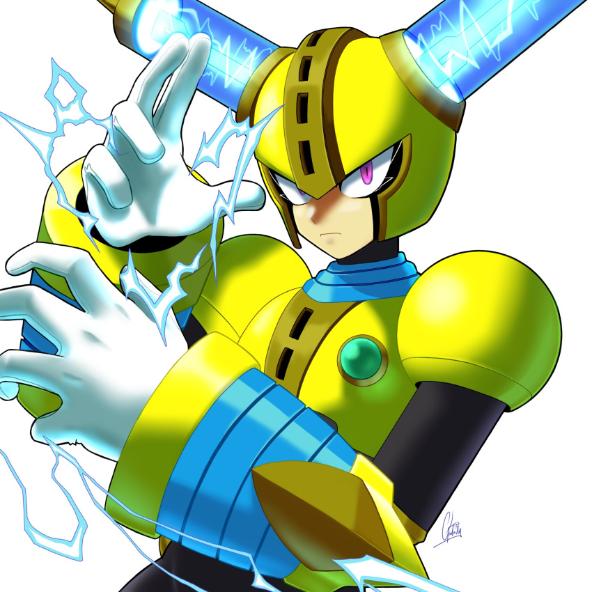 1boy, armor, blurry, commentary_request, electricity, fuse_man, helmet, highres