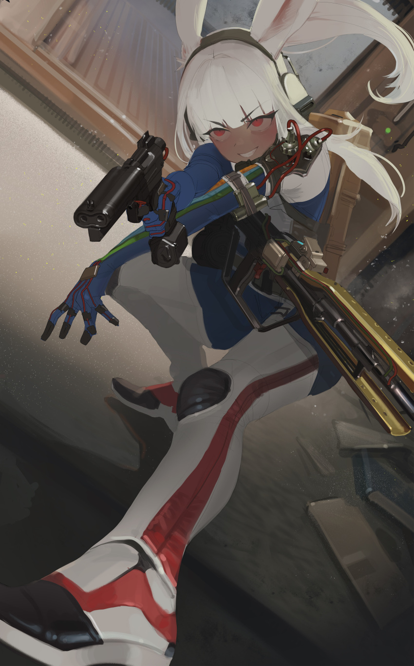 1girl, absurdres, animal_ears, arc_raiders, assault_rifle, bullpup, commentary, dark-skinned_female