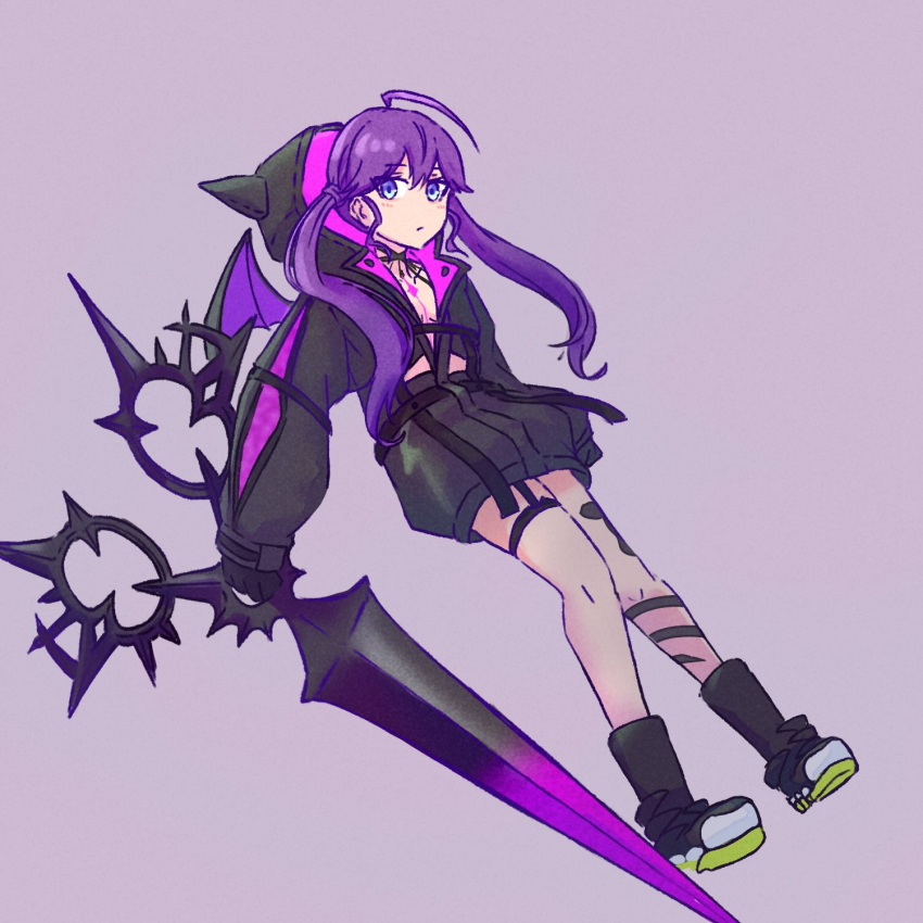 1girl, ahoge, blue_eyes, boots, commentary_request, cosplay, demon_wings, fate/grand_order