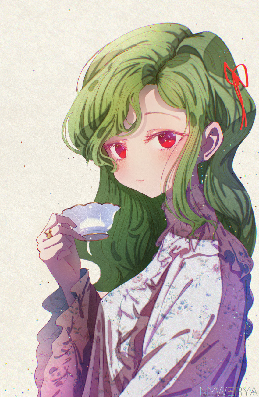 1girl, alternate_costume, artist_name, blush, breasts, closed_mouth, commentary_request, cup