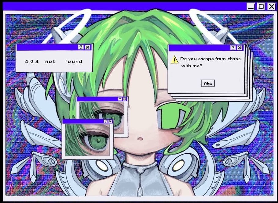 1girl, 404, 9_ron23, bare_shoulders, commentary, detached_wings, error_message, glitch