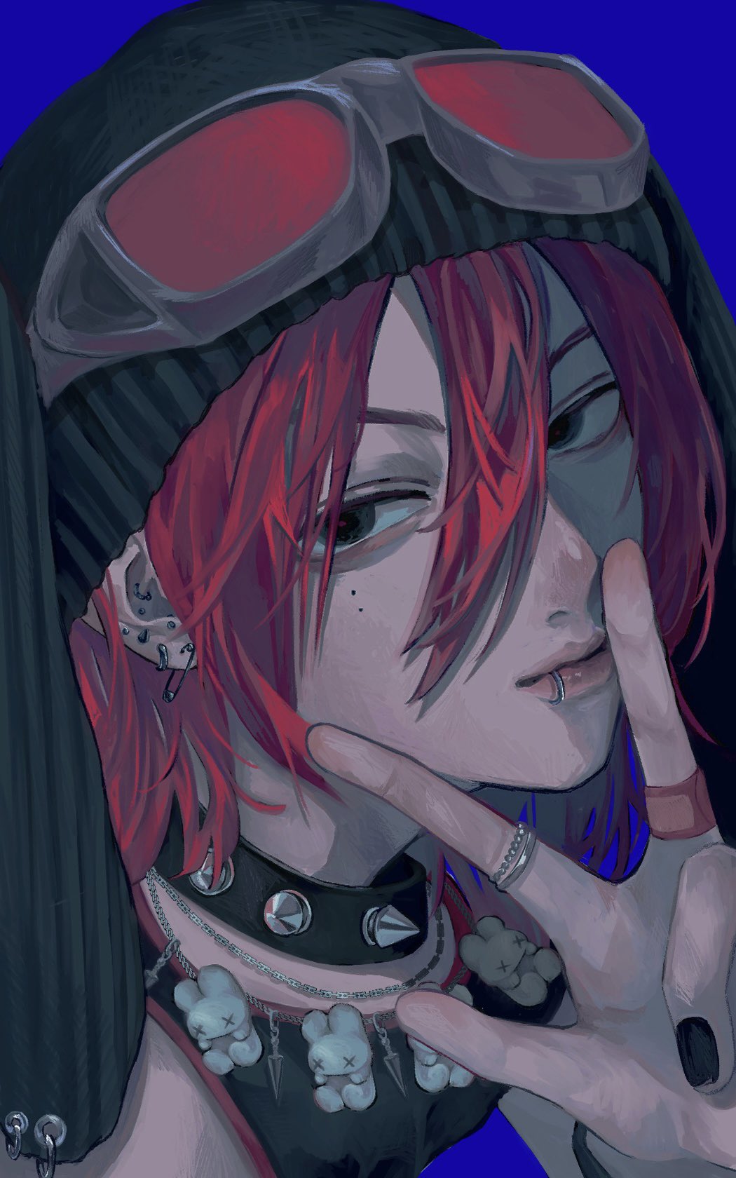 1other, 9_ron23, androgynous, animal_hat, bandaid, bandaid_on_finger, bandaid_on_hand, bare_shoulders, black_choker, black_eyes, black_hat, black_nails, blue_background, choker, close-up, commentary, ear_piercing, face_piercing, goggles, goggles_on_headwear, hair_between_eyes, hand_up, hat, highres, jewelry, lip_piercing, lips, looking_at_viewer, medium_hair, mole, mole_under_eye, multiple_moles, nail_polish, necklace, original, piercing, portrait, rabbit_hat, rabbit_necklace, red_hair, ring, safety_pin_earring, shirt, simple_background, sleeveless, sleeveless_shirt, solo, spiked_choker, spiked_ear_piercing, spikes, symbol-only_commentary, w