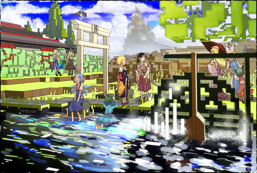 alternate_costume, animal_ears, ass, bare_shoulders, barefoot, black_hair, block, blonde_hair, blue_hair, bow, broom, cat_ears, chen, cirno, cloud, creeper, crossover, detached_sleeves, gozaemon, grass, gyoza_emon, hakurei_reimu, hat, highres, kawashiro_nitori, kirisame_marisa, minecraft, mountain, parasol, plant, rumia, sandals, shameimaru_aya, skirt, tokin_hat, torii, touhou, tree, twintails, umbrella, water, water_wheel, wings, witch_hat, yakumo_ran, yakumo_yukari, youkai, zombie, zombie_(minecraft)