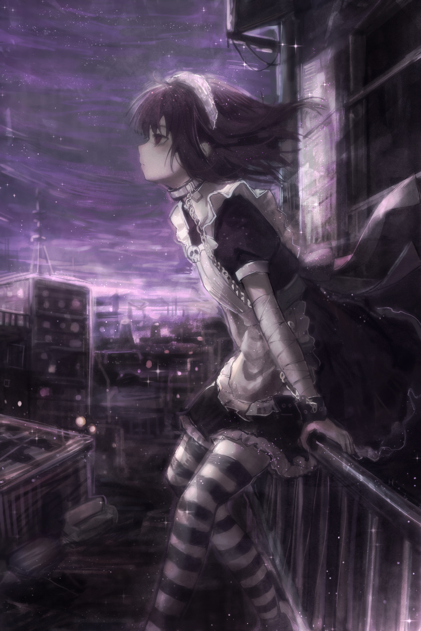 1girl, absurdres, apron, armband, balcony, bandages, building, chain, choker, city, cityscape, closed_mouth, dress, frilled_dress, frills, full_body, futaba_channel, hashtag-only_commentary, hezaizhou, highres, maid, maid_headdress, monochrome, night, nijiura_maids, puffy_sleeves, purple_hair, short_hair, skull_pin, solo, striped_clothes, striped_thighhighs, thigh-highs, yakui