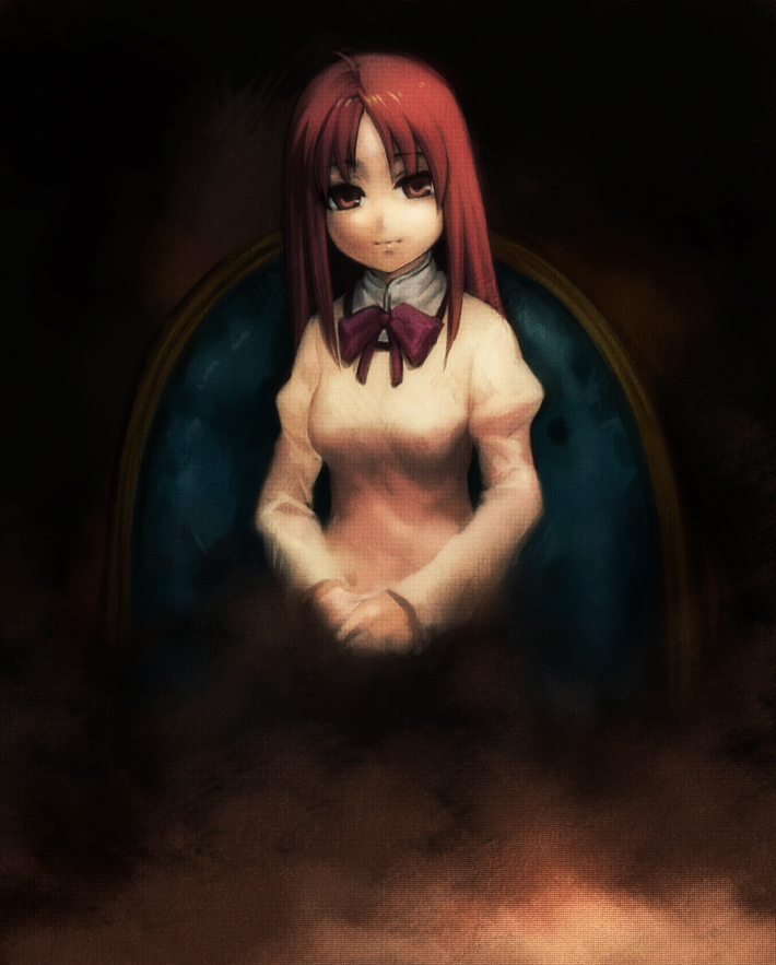 bow, hair_down, hands_together, long_hair, mahou_shoujo_madoka_magica, parody, red_eyes, red_hair