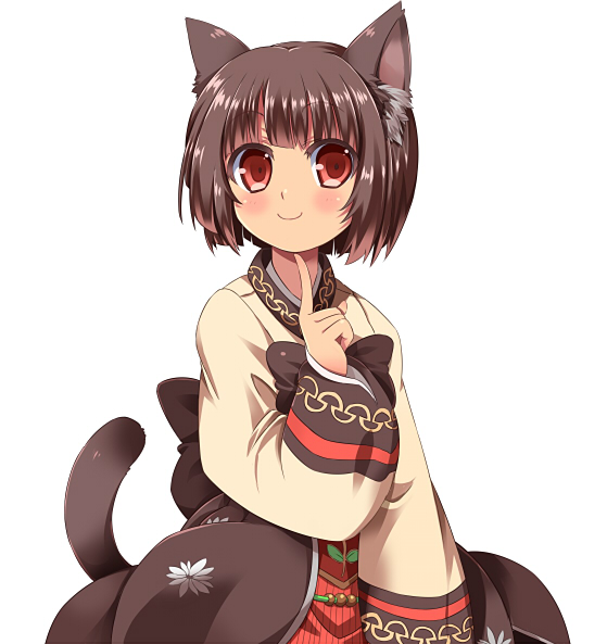 alternate_costume, animal_ears, brown_hair, bust, cat_ears, cat_tail, chen, chibi_(nekomimimi), crossover, finger_to_face, hanbok, korean_clothes, no_hat, no_headwear, ragnarok_online, red_eyes, short_hair, solo, soul_linker, tail, touhou