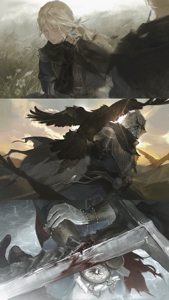 1boy, 1girl, armor, bird, blonde_hair, blood, blue_surcoat, duchess_(elden_ring)