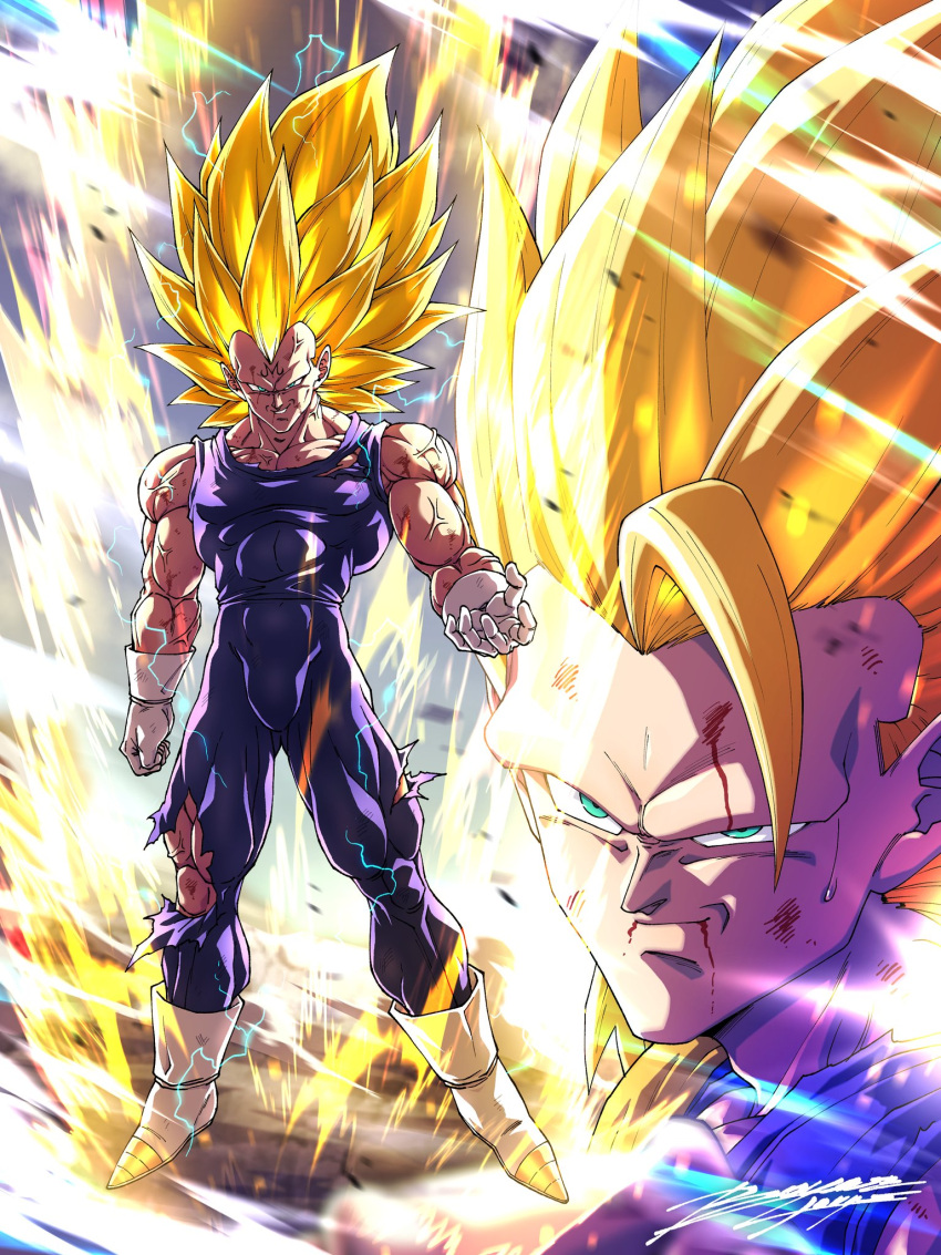 2boys, aura, battle_damage, blood, blood_from_forehead, blood_from_mouth, blue_bodysuit, bodysuit