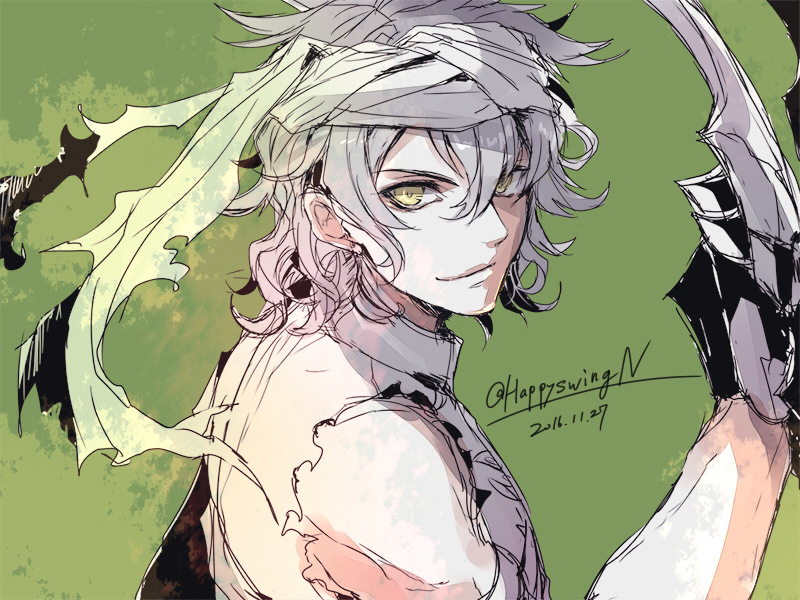 1boy, ali_baba_(grimms_notes), ali_baba_(original)_(grimms_notes), bare_shoulders, claw_(weapon), closed_mouth, commentary_request, curly_hair