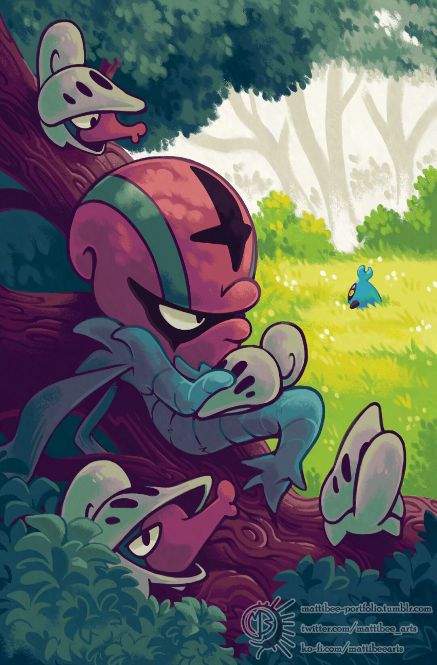 accelgor, bush, clip_studio_paint_(medium), commentary, english_commentary, evolutionary_line, grass, hiding