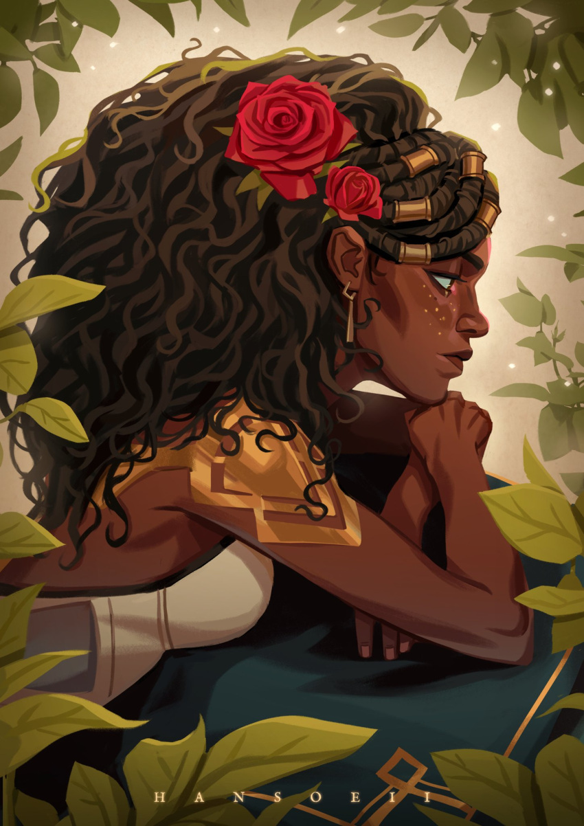 1girl, arcane:_league_of_legends, armor, artist_name, brown_eyes, brown_hair, closed_mouth, dark-skinned_female, dark_skin, dreadlocks, dress, english_commentary, flower, from_side, glitter_makeup, gold_armor, gold_tattoo, hair_flower, hair_ornament, hair_up, hansoeii, highres, league_of_legends, lying, mel_(league_of_legends), on_stomach, plant, red_flower, red_rose, rose, shoulder_plates, solo, upper_body