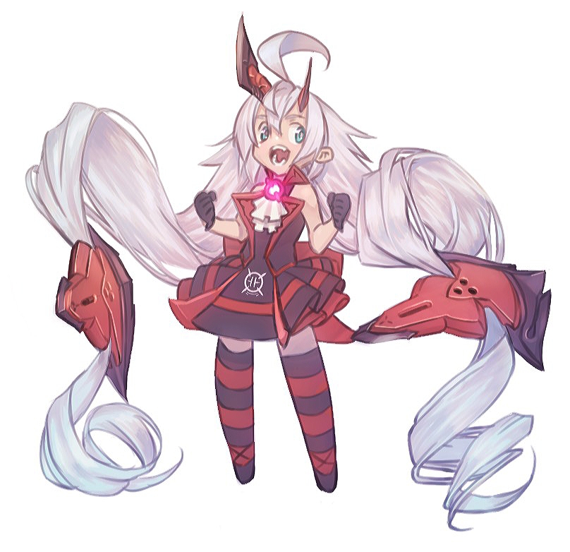 1girl, ahoge, asymmetrical_horns, black_gloves, black_thighhighs, blood_embrace, blue_eyes, commentary, dress, full_body, gloves, honkai_(series), honkai_impact_3rd, horns, long_hair, matsushita_yuubin, open_mouth, red_dress, red_thighhighs, simple_background, solo, striped_clothes, striped_thighhighs, tareme, thigh-highs, very_long_hair, white_background, white_hair