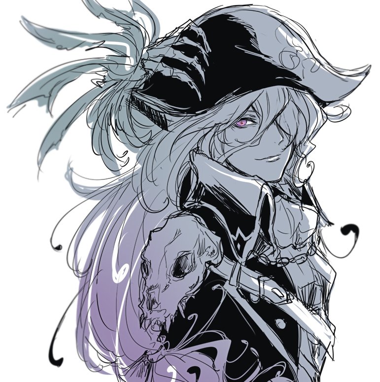1boy, ascot, belt, chain, charles-henri_sanson_(grimms_notes), closed_mouth, coat, grimms_notes, hair_between_eyes, hat, long_hair, long_hair_between_eyes, looking_at_viewer, male_focus, monochrome, nikosuke, partially_colored, pink_eyes, simple_background, sketch, skull_pauldron, smile, solo, upper_body, white_background