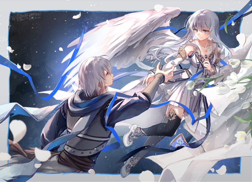 1boy, 1girl, angel_wings, black_thighhighs, border, breasts, commentary_request, dated