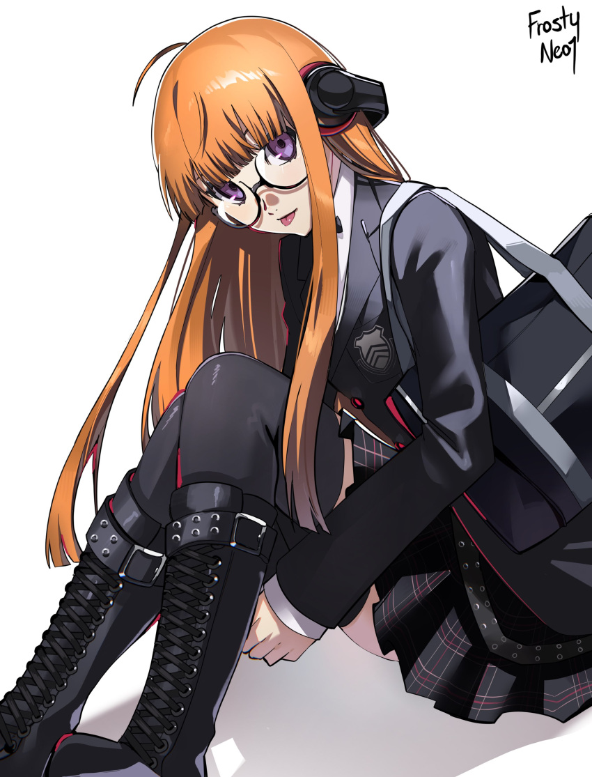 1girl, absurdres, black-framed_eyewear, black_boots, black_jacket, black_thighhighs, boots, commentary