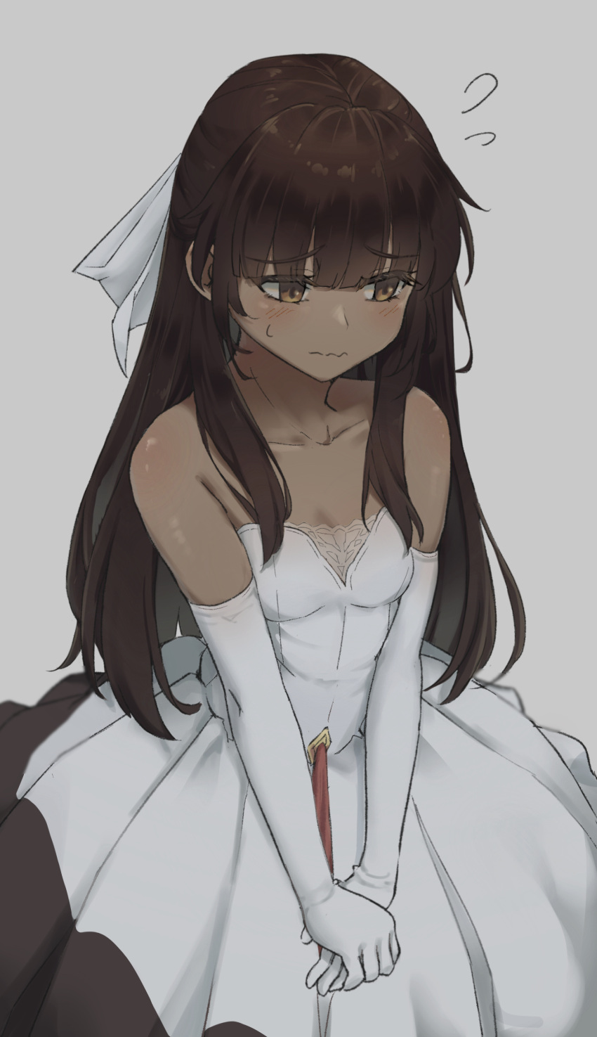 1girl, absurdres, blush, breasts, brown_eyes, brown_hair, closed_mouth, collarbone, commentary_request, dark-skinned_female, dark_skin, dress, embarrassed, fate/strange_fake, fate_(series), gloves, highres, long_hair, lucky_ckm, small_breasts, solo, sweatdrop, tine_chelc, white_dress, white_gloves