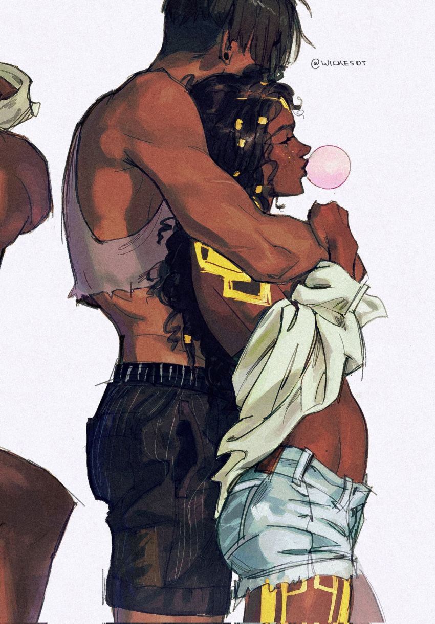 2girls, alternate_costume, arcane:_league_of_legends, artist_name, black_shorts, blowing_bubbles, brown_eyes, brown_hair, commentary, couple, crop_top, dark-skinned_female, dark_skin, dreadlocks, ear_piercing, english_commentary, faceless, faceless_female, from_side, glitter, glitter_makeup, gold_tattoo, hair_up, height_difference, highres, hug, hug_from_behind, league_of_legends, leaning_back, leaning_on_person, mel_(league_of_legends), multiple_girls, muscular, muscular_female, piercing, sevika_(arcane), shade, shirt, short_hair, short_shorts, shorts, skinny, stomach_tattoo, tattoo, torn_clothes, torn_shirt, twitter_username, undressing, upper_body, very_dark_skin, wickesdt, yuri