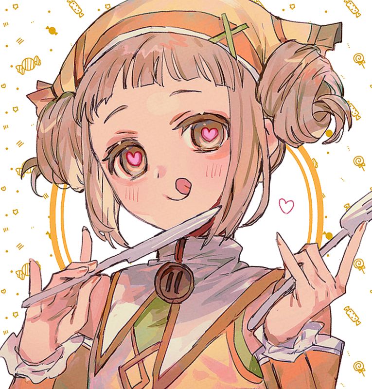 1girl, blonde_hair, blunt_bangs, brown_eyes, chocolat_(rune_factory), commentary_request, fork, headscarf, heart, heart_in_eye, holding, holding_fork, holding_knife, knife, licking_lips, rune_factory, rune_factory_3, short_bangs, shourou_kanna, symbol_in_eye, tongue, tongue_out, yellow_headscarf