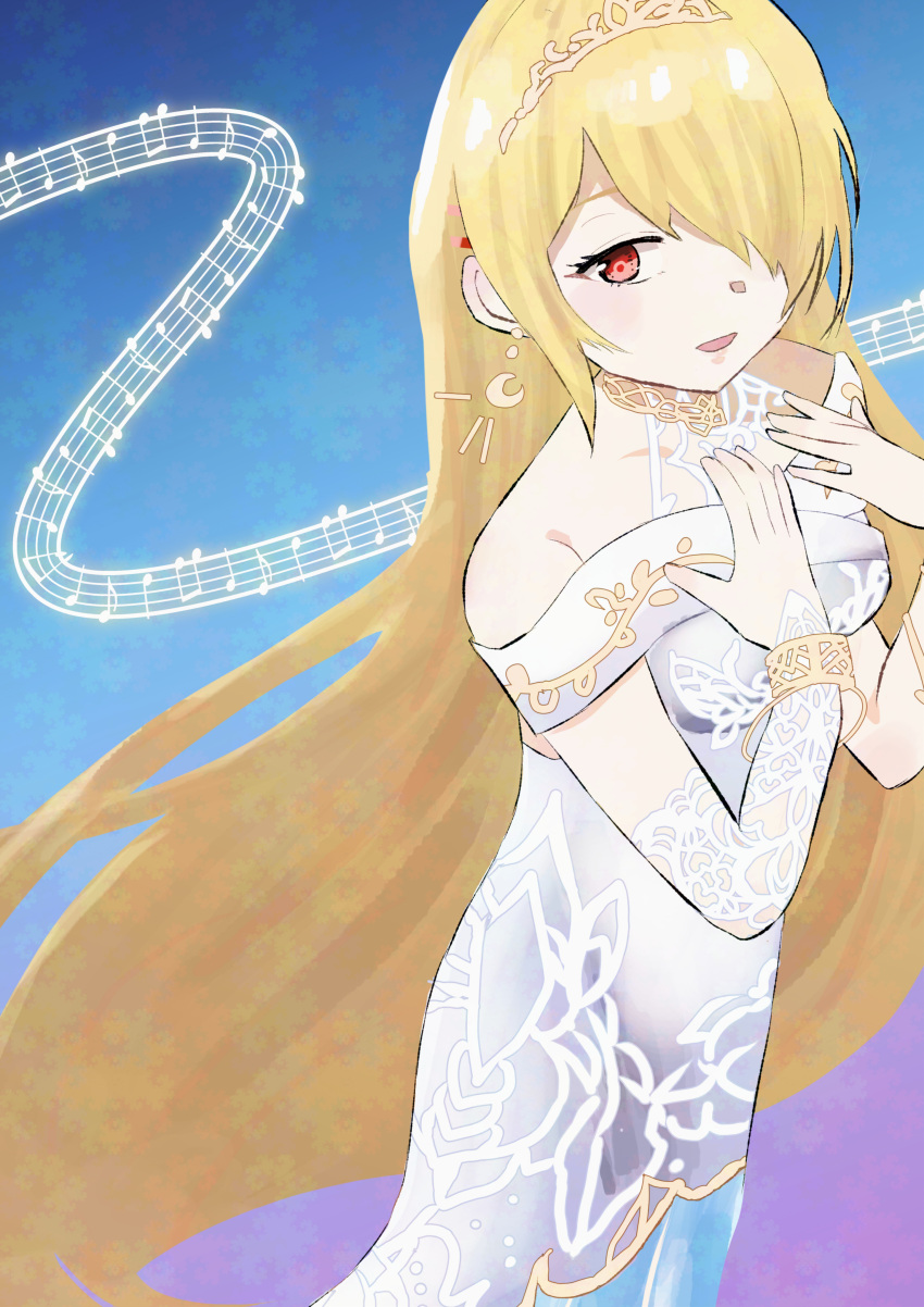 1girl, absurdres, commentary_request, crescent, crescent_earrings, dress, earrings, hair_ornament