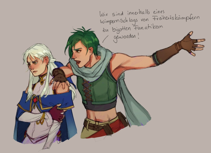 1boy, 1girl, aevi, bracelet, commentary, crop_top, cropped_legs, english_commentary