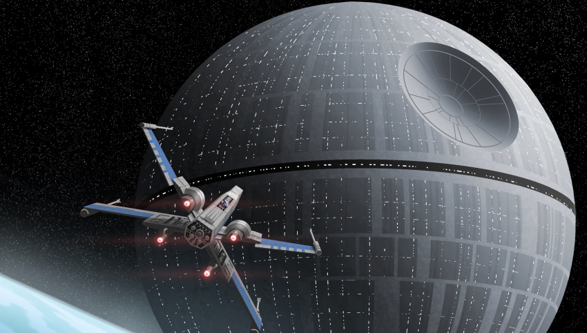 3d, benkenobi, commentary, death_star, droid, energy_cannon, english_commentary, galactic_empire_(star_wars), highres, in_orbit, no_humans, planet, rebel_alliance_(star_wars), robot, scene_reference, science_fiction, space, space_habitat, space_station, spacecraft, star_(sky), star_wars, star_wars:_a_new_hope, starfighter, t-65_x-wing, thrusters, x-wing, zero_gravity