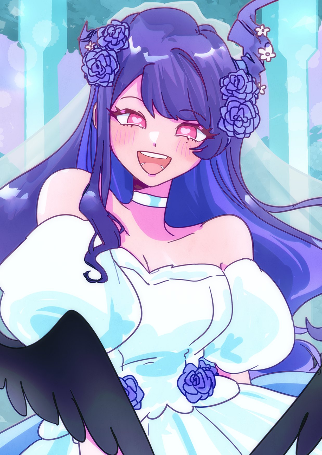 1girl, asymmetrical_horns, bare_shoulders, black_feathers, black_wings, blue_flower, blue_hair, blue_rose