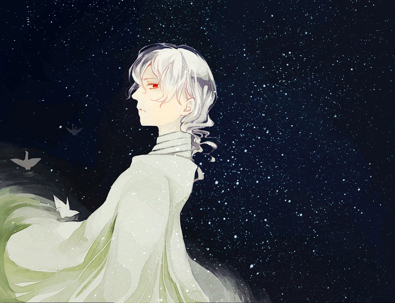 dutch_angle, emuchi, glowing, glowing_eyes, grey_hair, izanami, looking_back, origami
